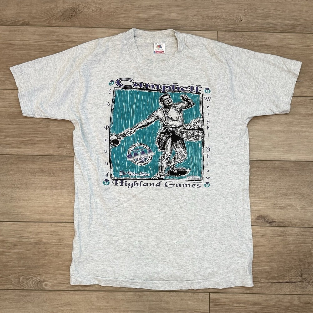 Vintage 1995 Highland Games T-Shirt Made In USA Single Stitch Gray Adult Size M